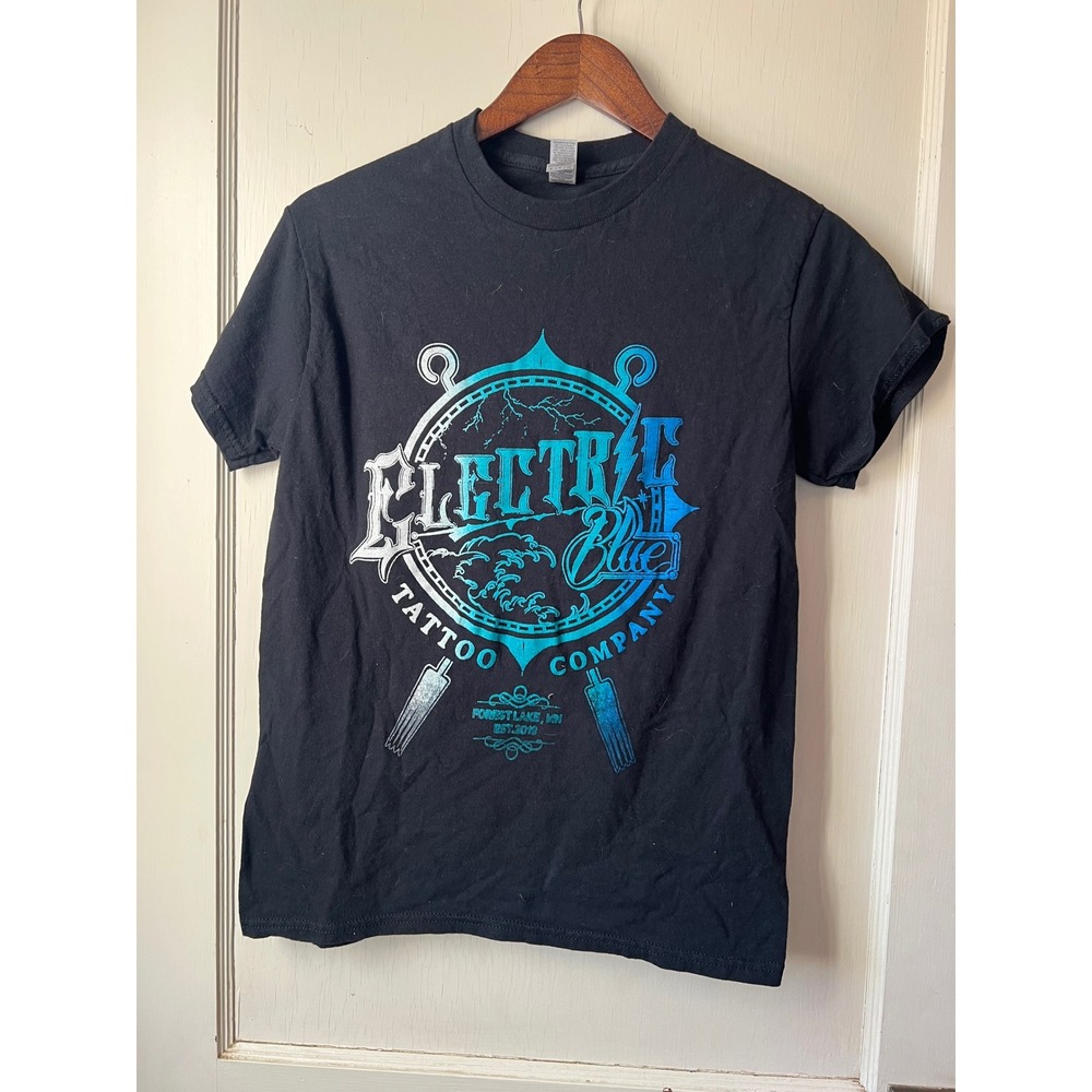 Electric Blue Tattoo Company Black T Shirt Gildan Heavy Cotton Small